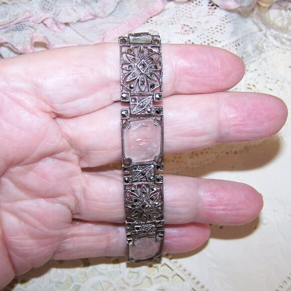 Art Deco European 935 Silver Pink Quartz Marcasite Link Bracelet - Picture 4 of 7